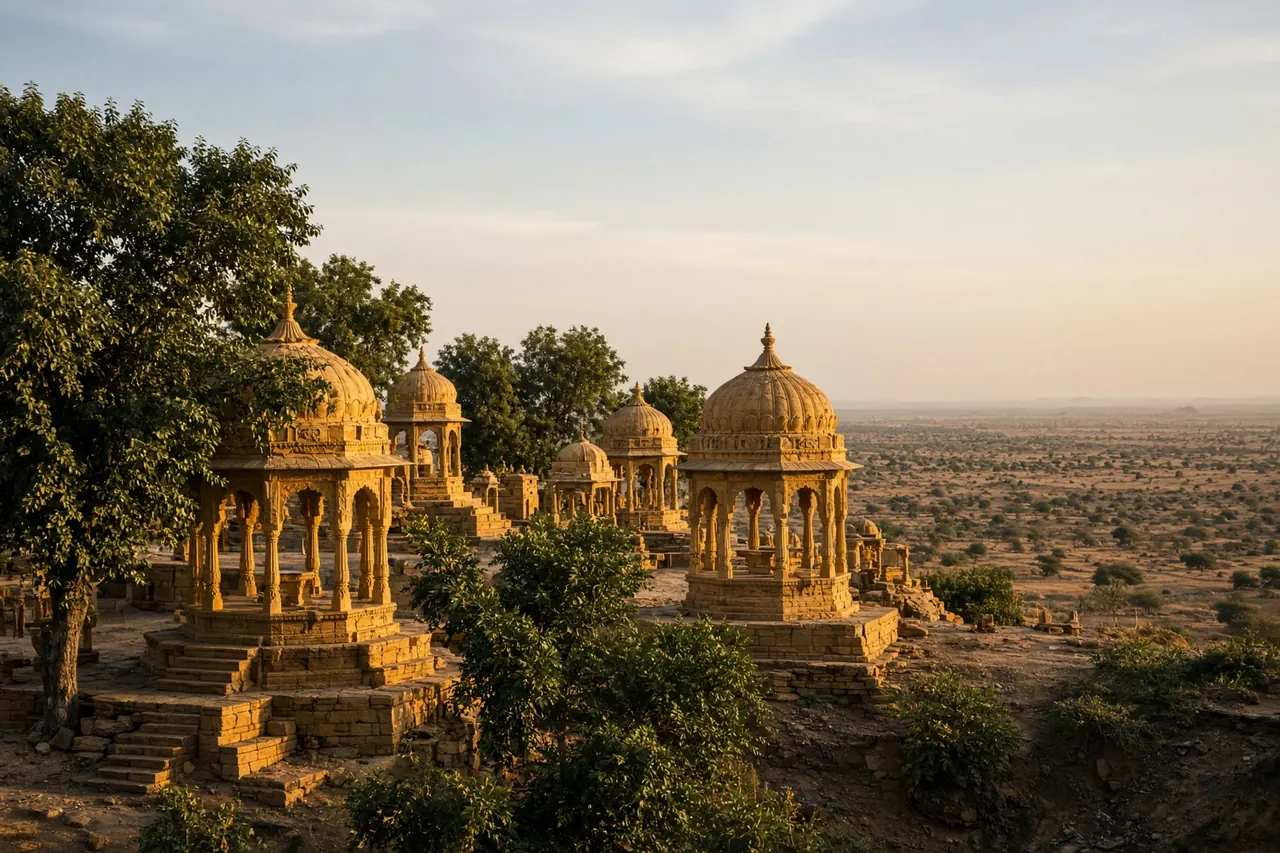 Royal cenotaphs at Bada Bagh with desert beyond.