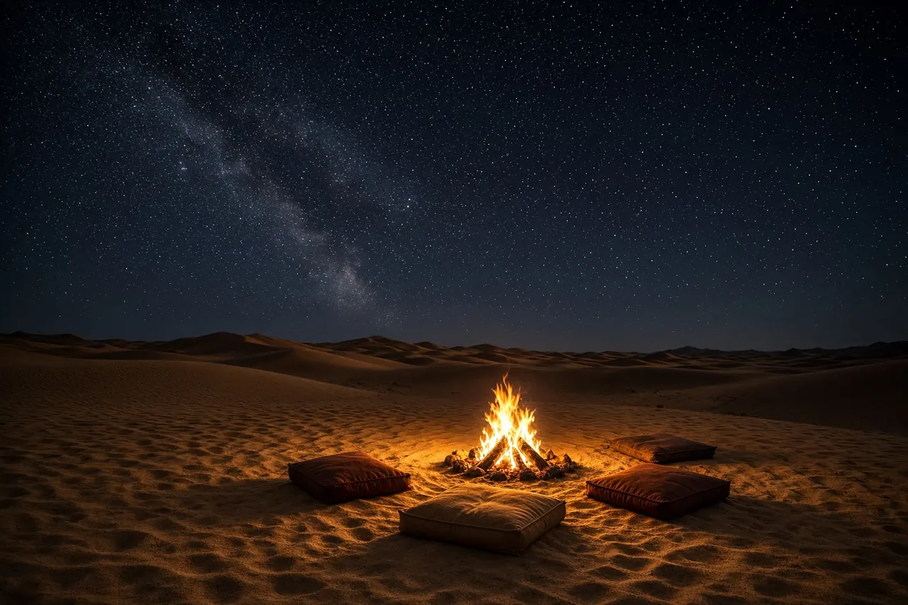 A small bonfire on the dunes beneath a starry sky.