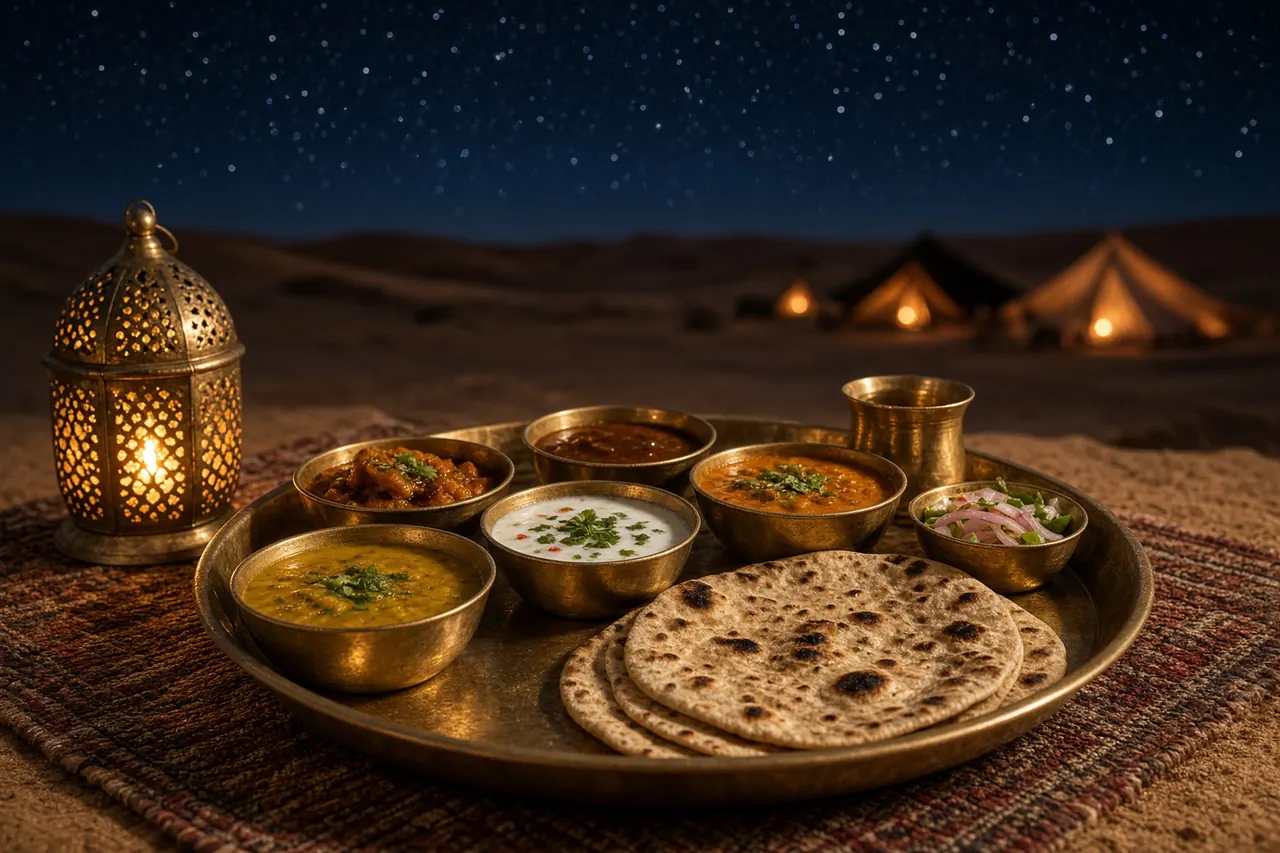 A brass thali set on a low table under lantern light.