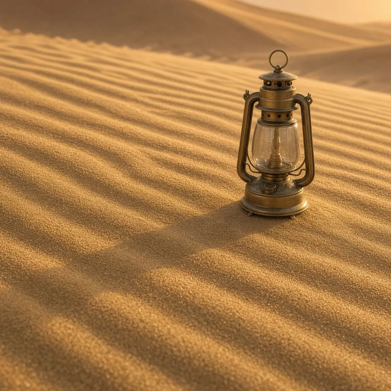 A brass lantern resting on wind-rippled desert sand.