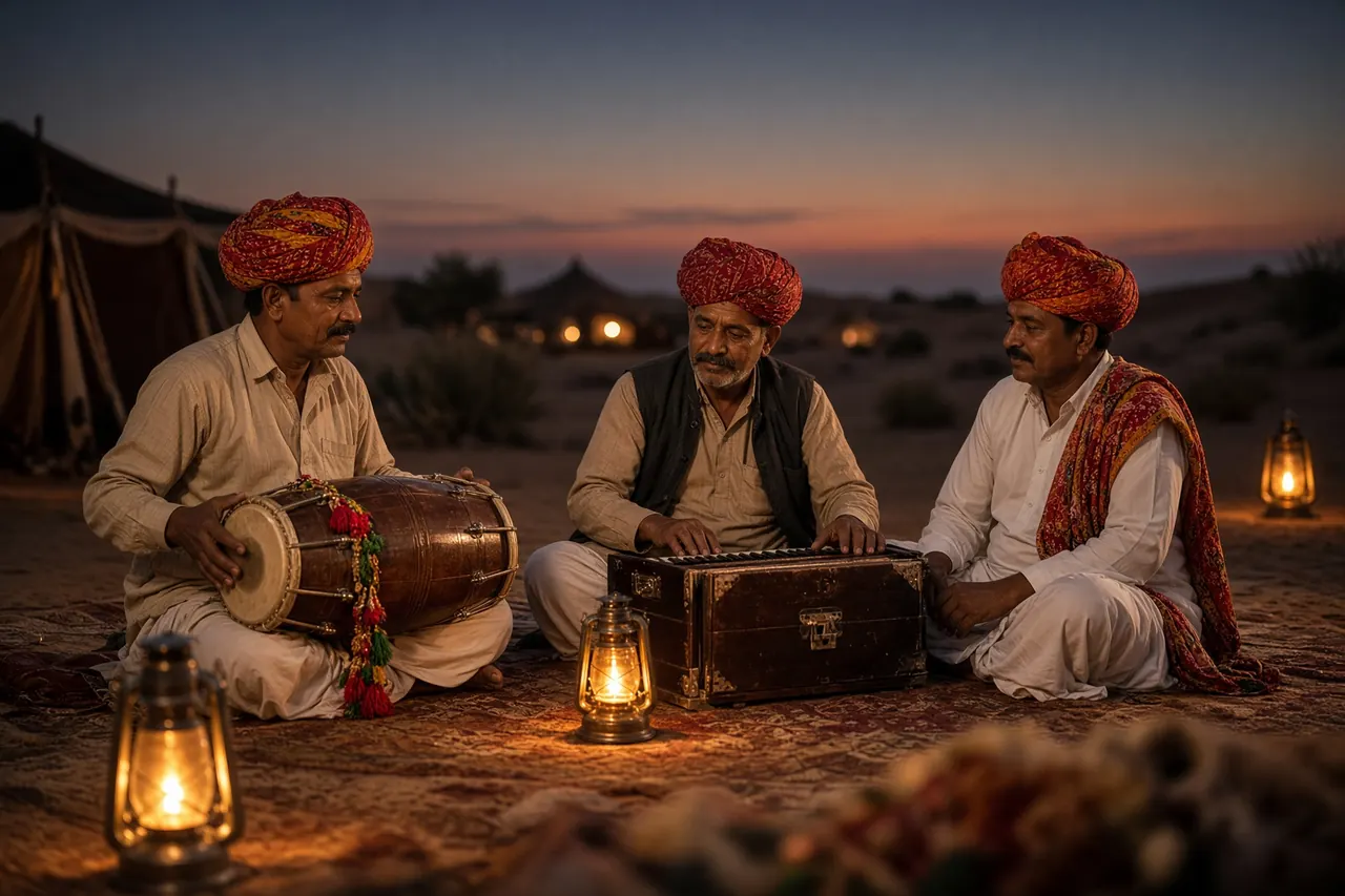 Folk musicians seated with drums at an evening gathering.