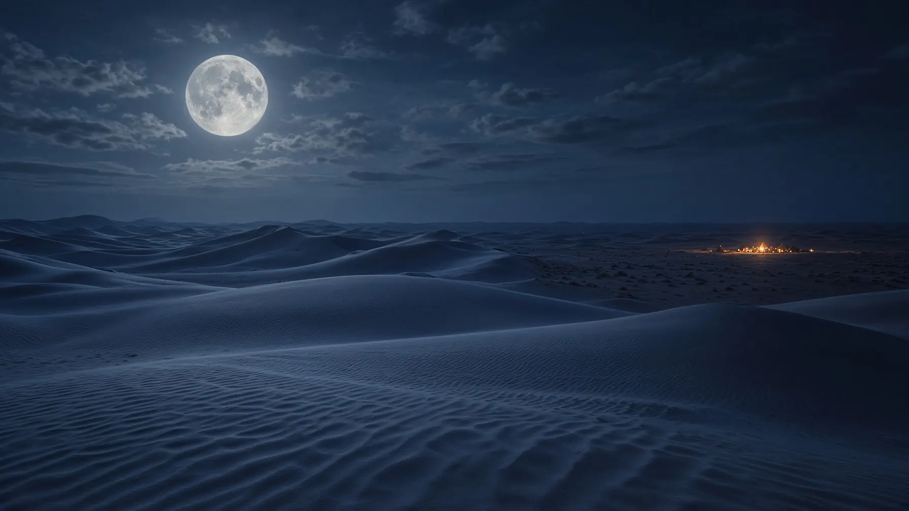 Moonlit sand dunes with a warm glow on the far horizon.