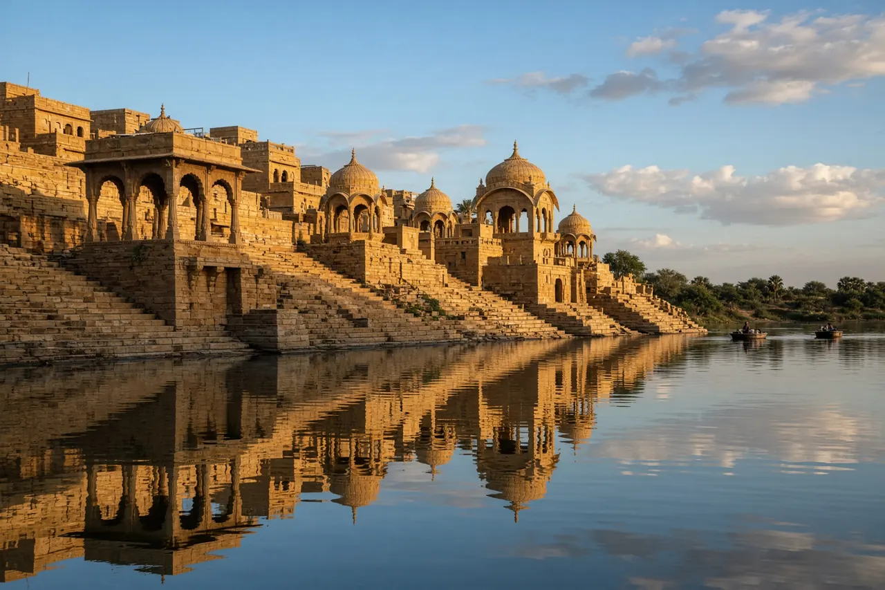 Gadisar Lake with sandstone ghats reflected in calm water.