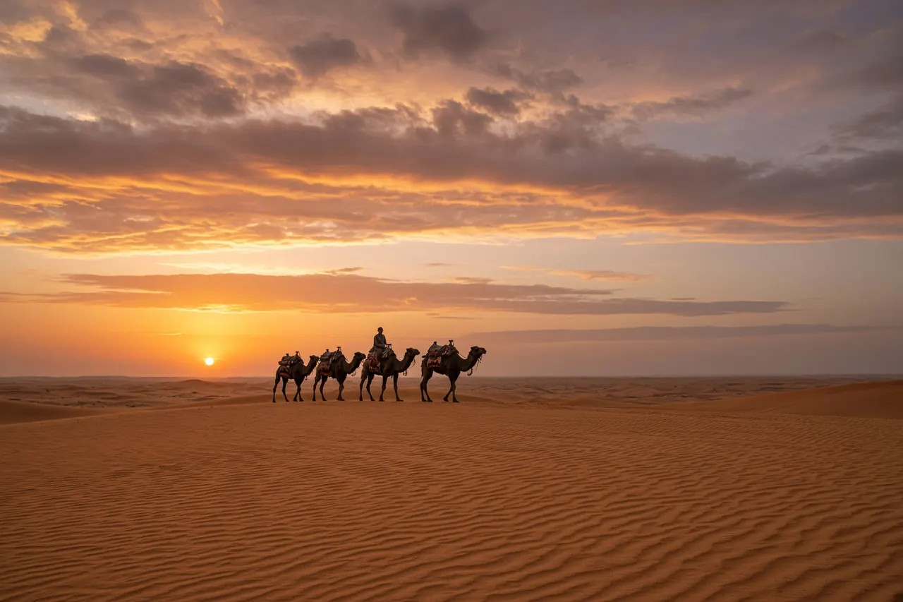 Camels with traditional saddles crossing rippled sand at sunset.