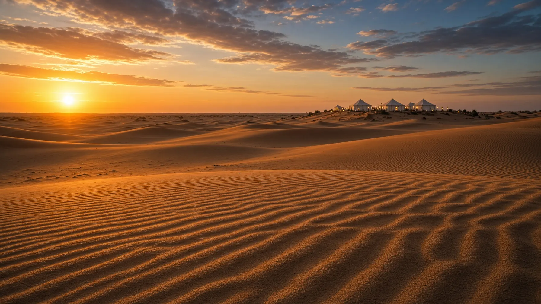Golden dunes in the Thar Desert near Jaisalmer at sunset, with a distant camp on the horizon.