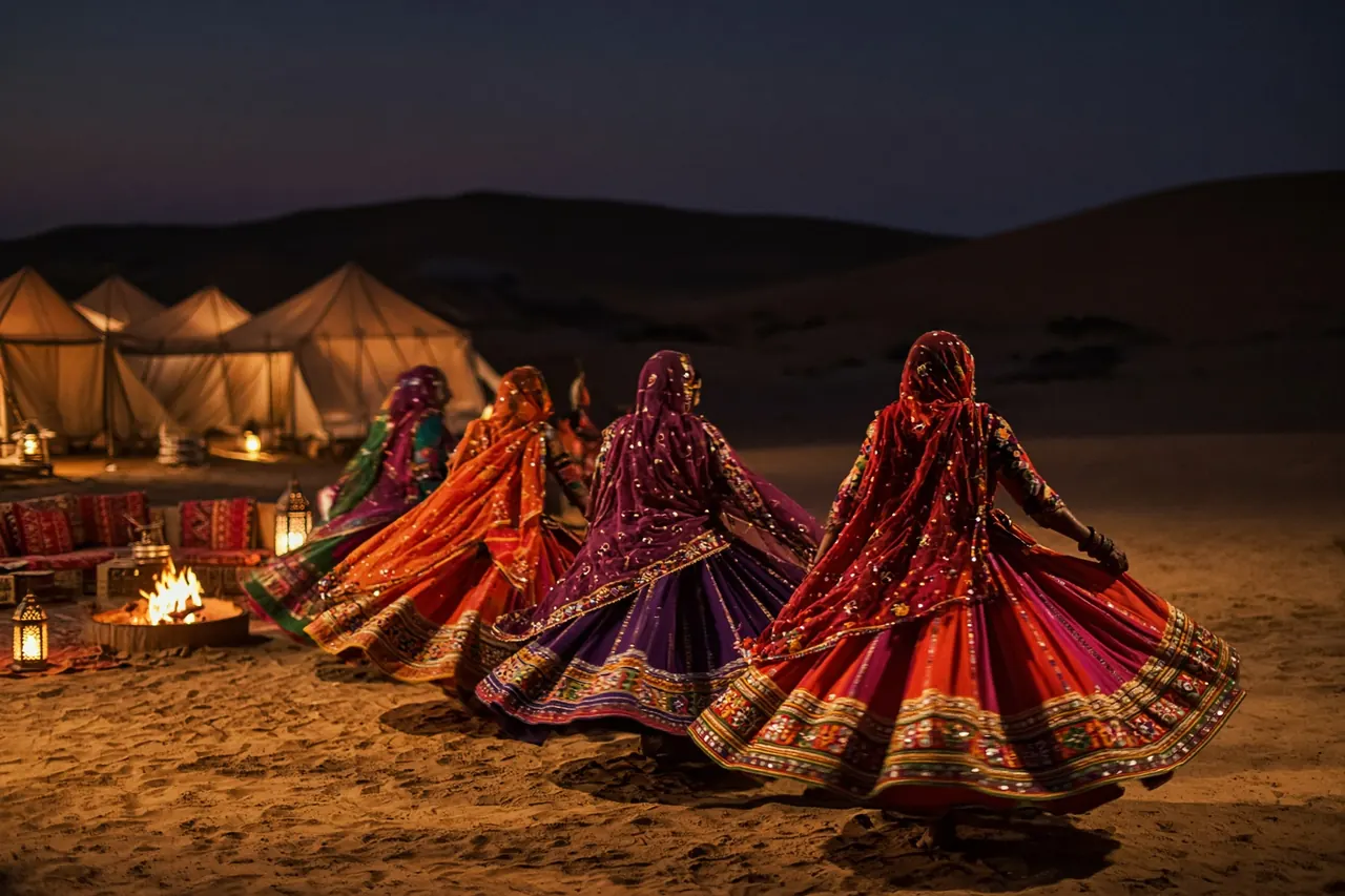Rajasthani folk dancers performing beside a desert camp at night.