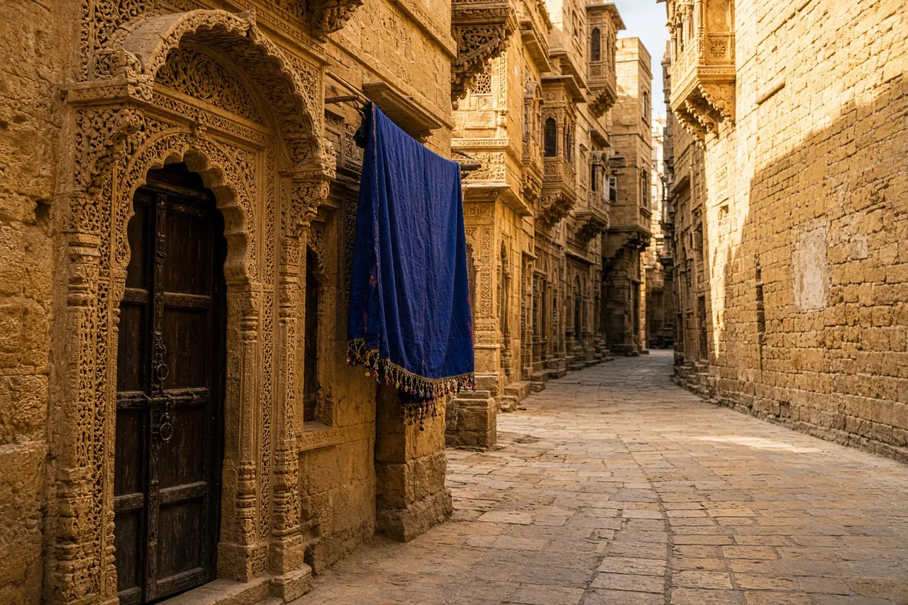 A carved sandstone lane in Jaisalmer's old city.