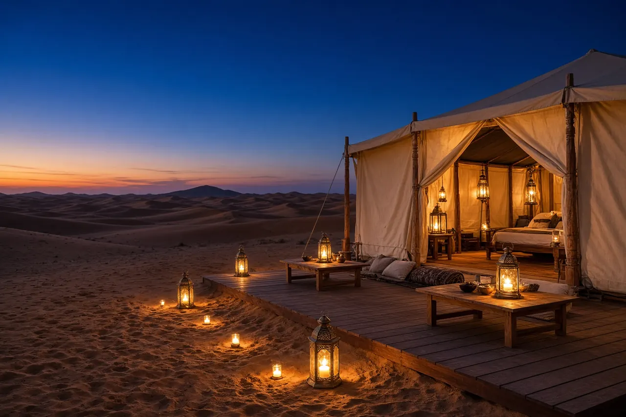 Illustrative desert camp at dusk with canvas tents and lanterns.
