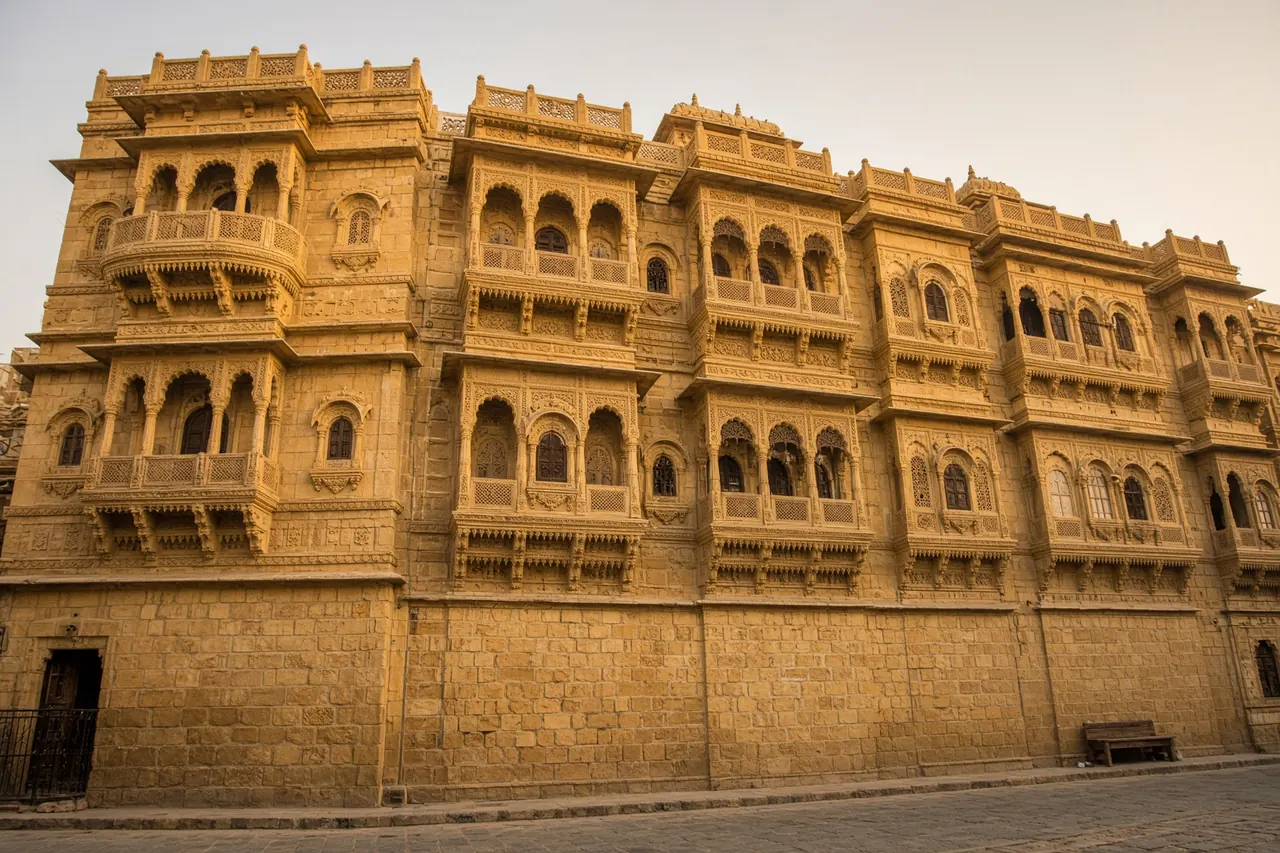 The carved sandstone facade of Patwon Ki Haveli in Jaisalmer.