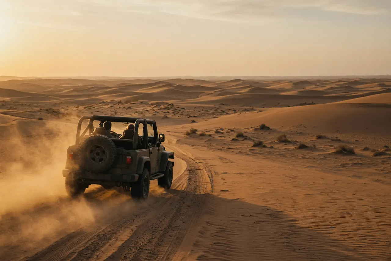 An open jeep on a dune track in the Thar Desert.