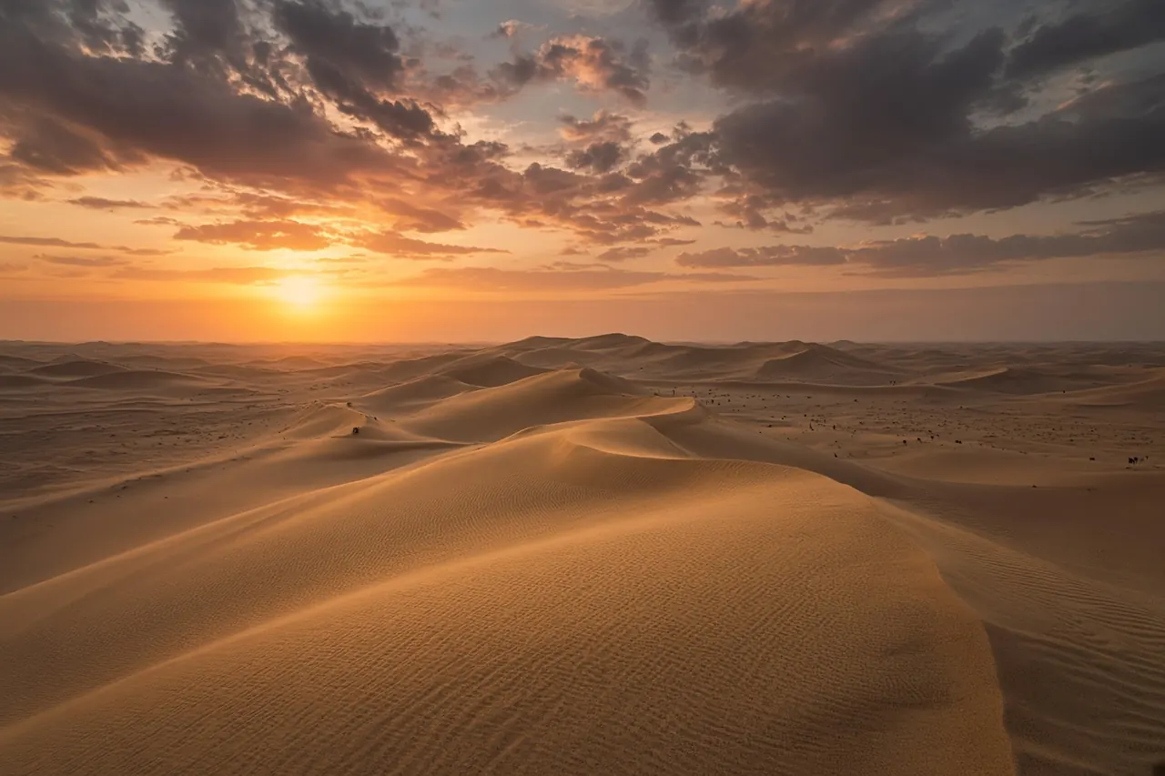 Sweeping ridges of Sam Sand Dunes at sunset.
